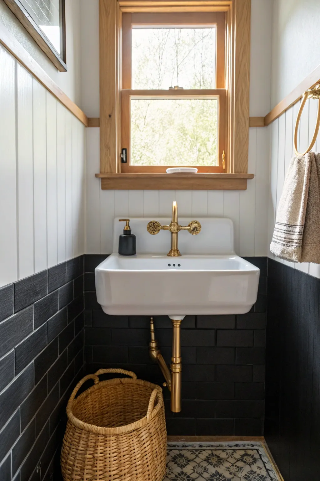 Graphic two-tone bath: black lower walls and soft light upper walls that keep a small space airy.