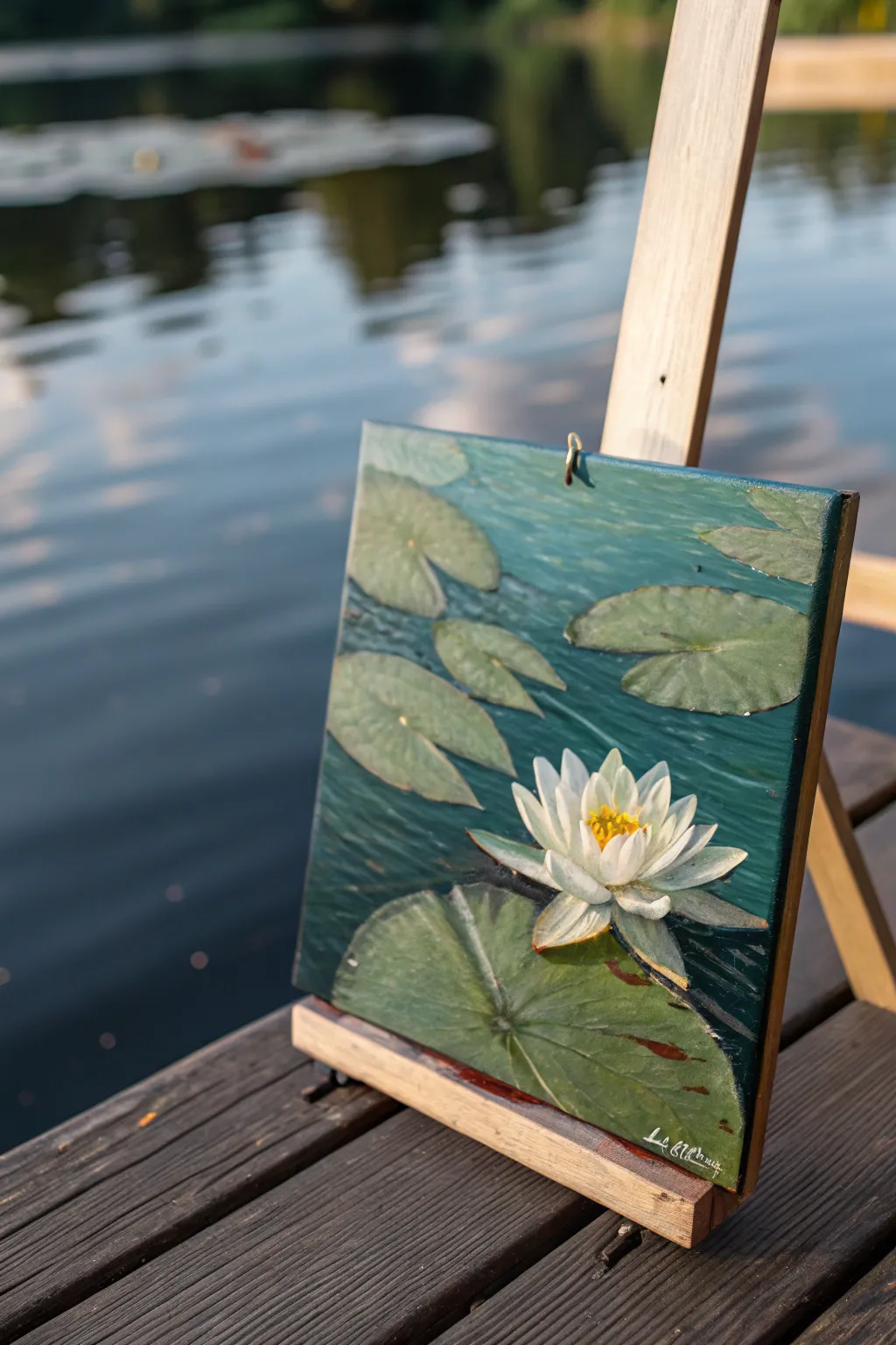 Simple oil study: a single lily pad with soft ripples, perfect for calm minimalist practice.