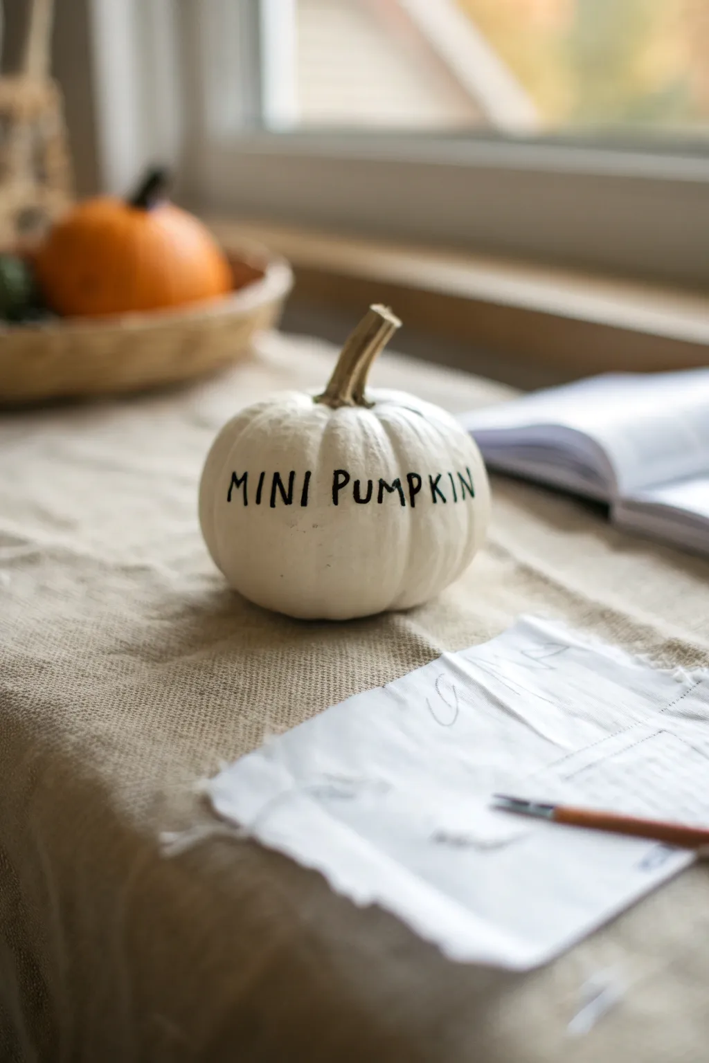 Minimal mini pumpkin with bold hand lettering, Scandinavian calm with a hint of boho craft.