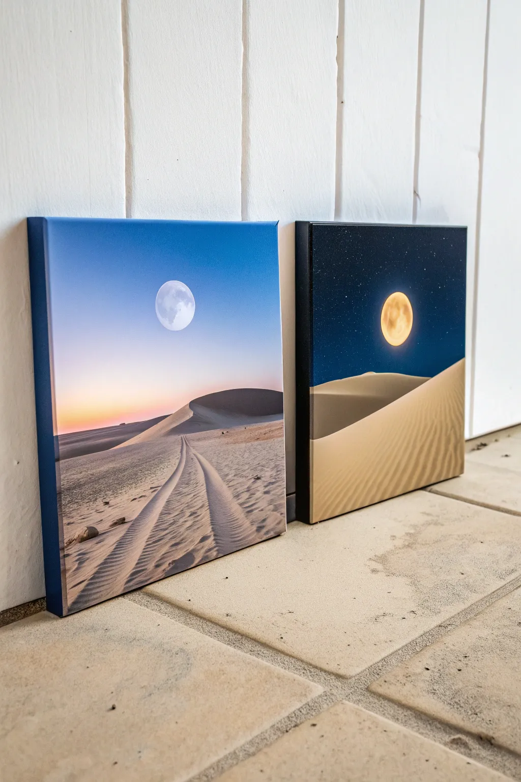 A minimalist day vs night duo on two small square canvases, crafted as a perfectly matched set