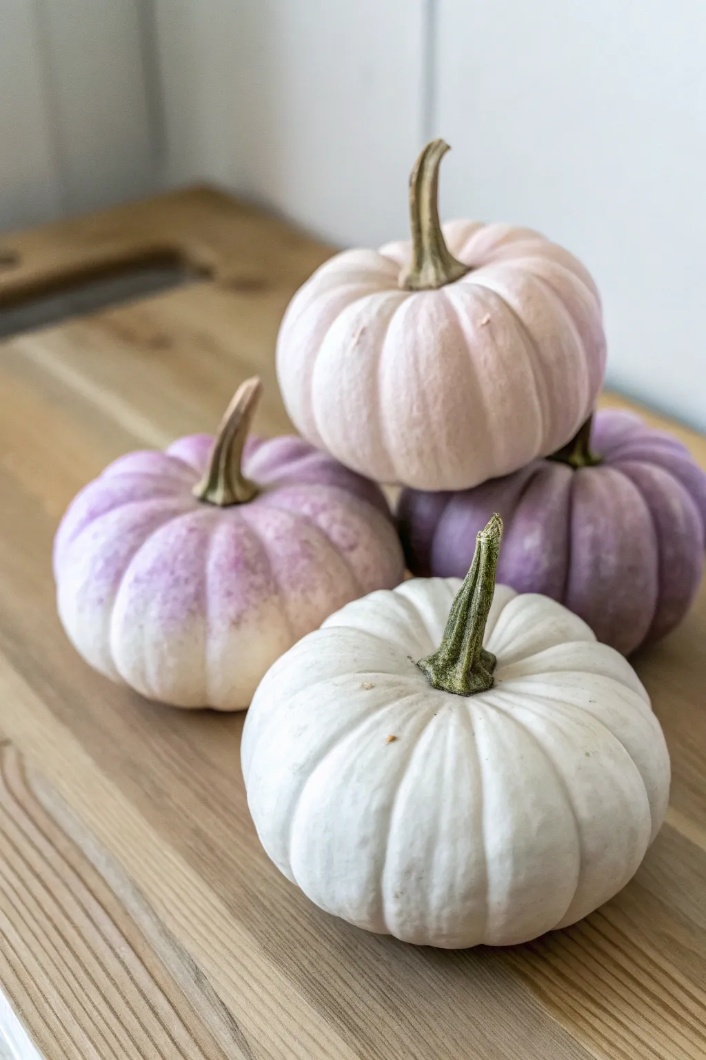Soft ombre watercolor washes on small white pumpkins for a calm minimalist boho look