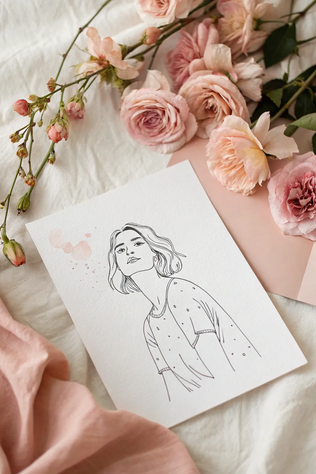 Ink outline + watercolor blooms create dreamy clothes and hair with effortless bleed magic.