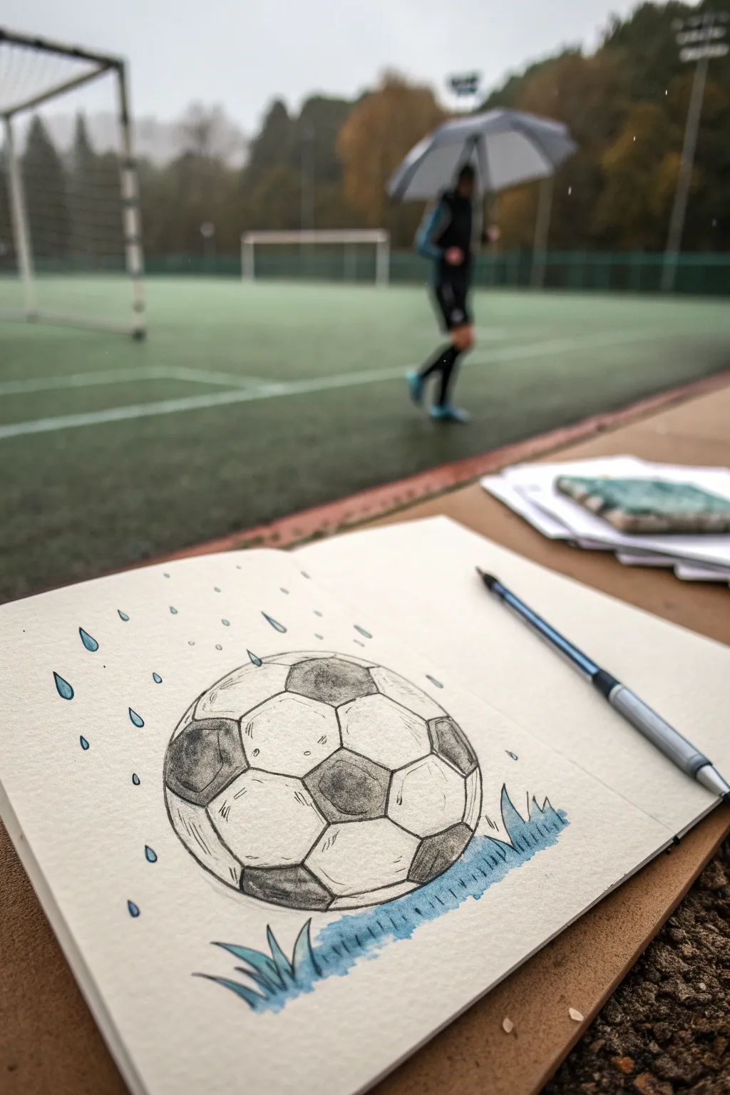 Rainy match sketch idea: crisp soccer ball with splashes and soft motion in the background