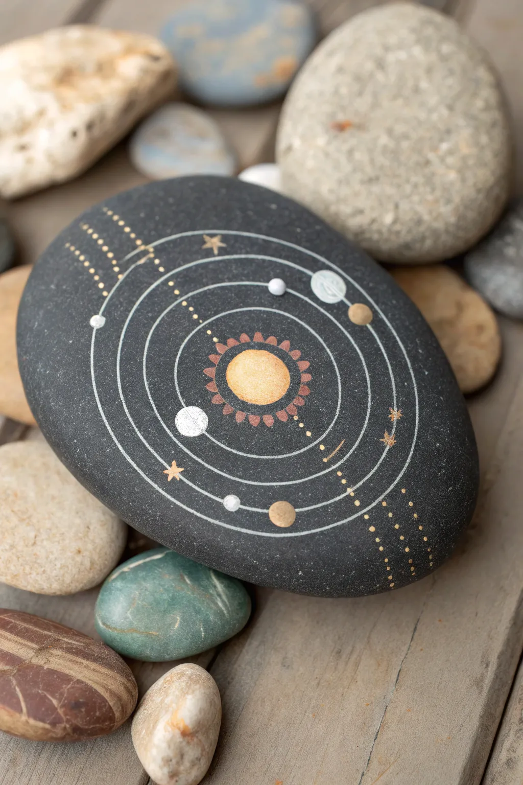 Mini solar system orbit diagram on a dark space rock, clean rings and tiny planet dots