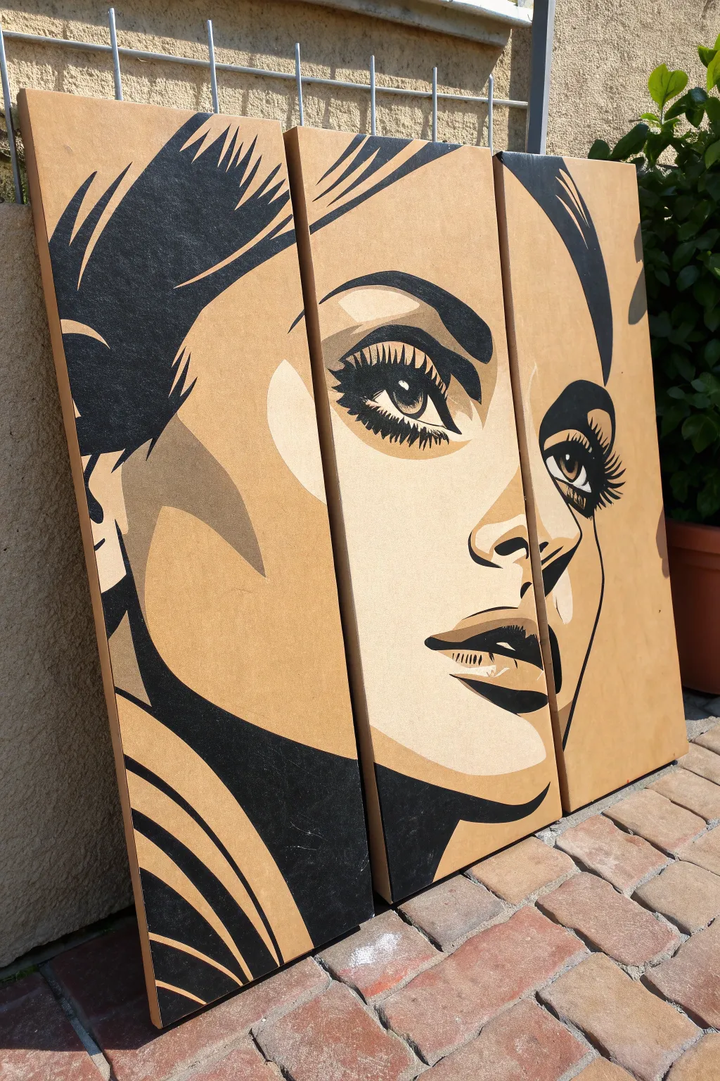 Split portrait triptych with bold shadow shapes, clean minimal lines, and high-contrast warmth