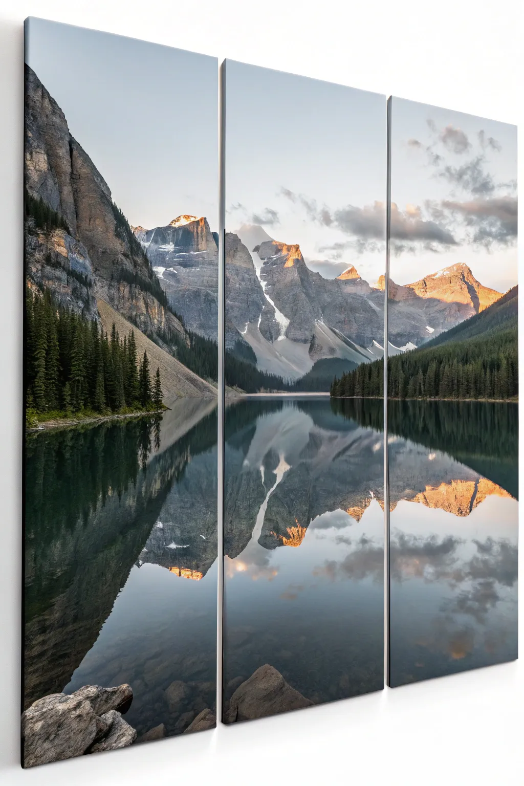 Triptych mountain lake reflection with perfectly aligned symmetry for a calming split-paint effect