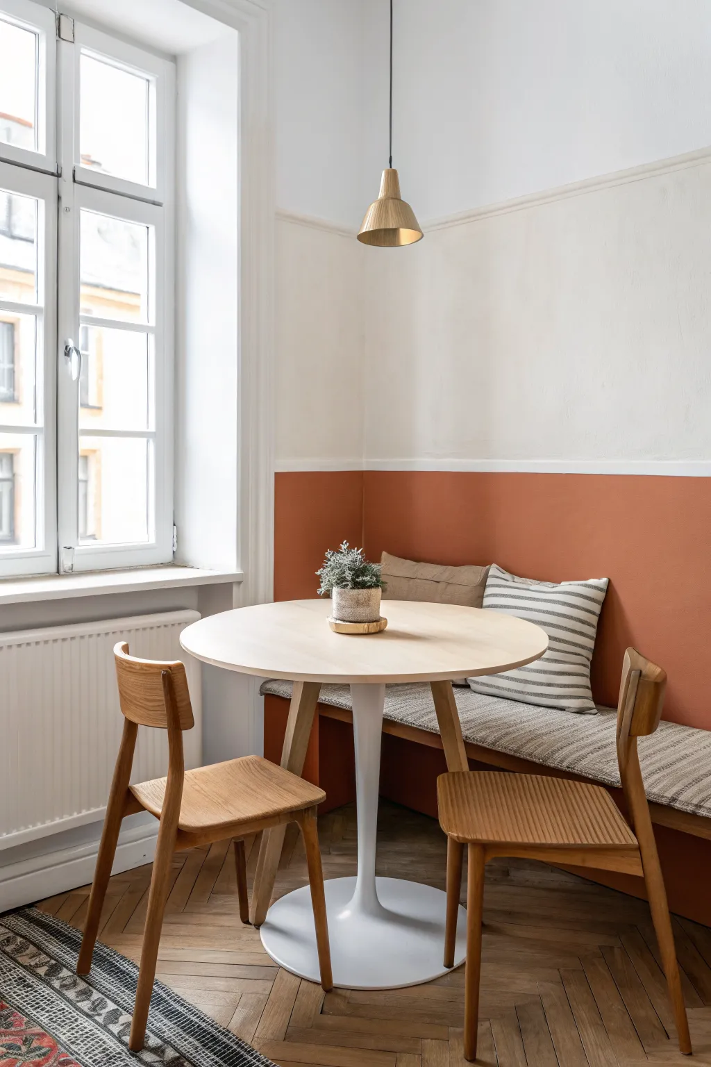 Split wall paint defines this dining nook, creating a room-within-a-room in an open-plan space