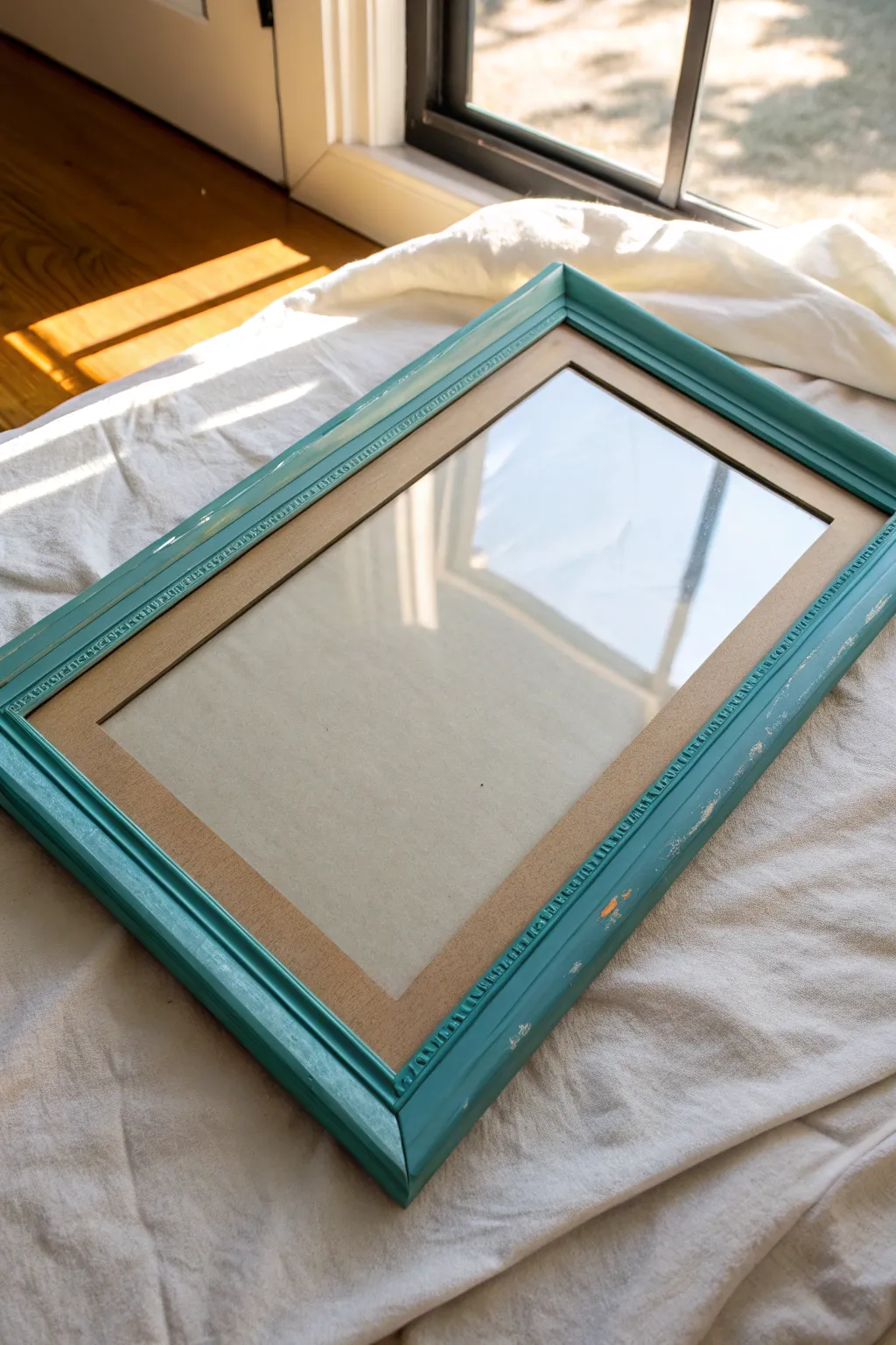 Bold spray-painted mirror frame with crisp masking for an instant modern color swap.