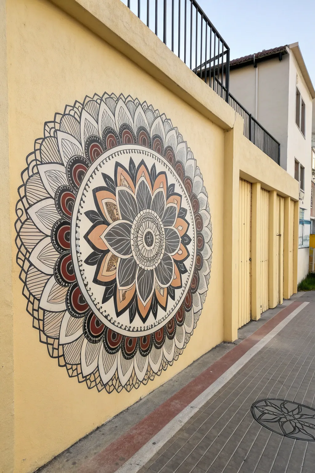 Radial mandala spray mural with layered stencil rings in soft boho tones, crisp and symmetric.