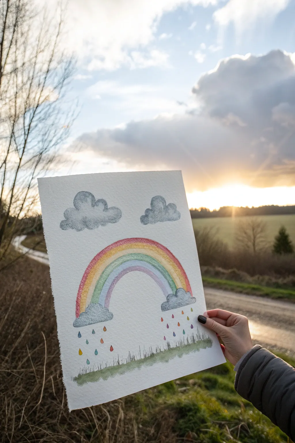 Minimalist watercolor rainbow with soft clouds and raindrops, bright horizon after spring rain