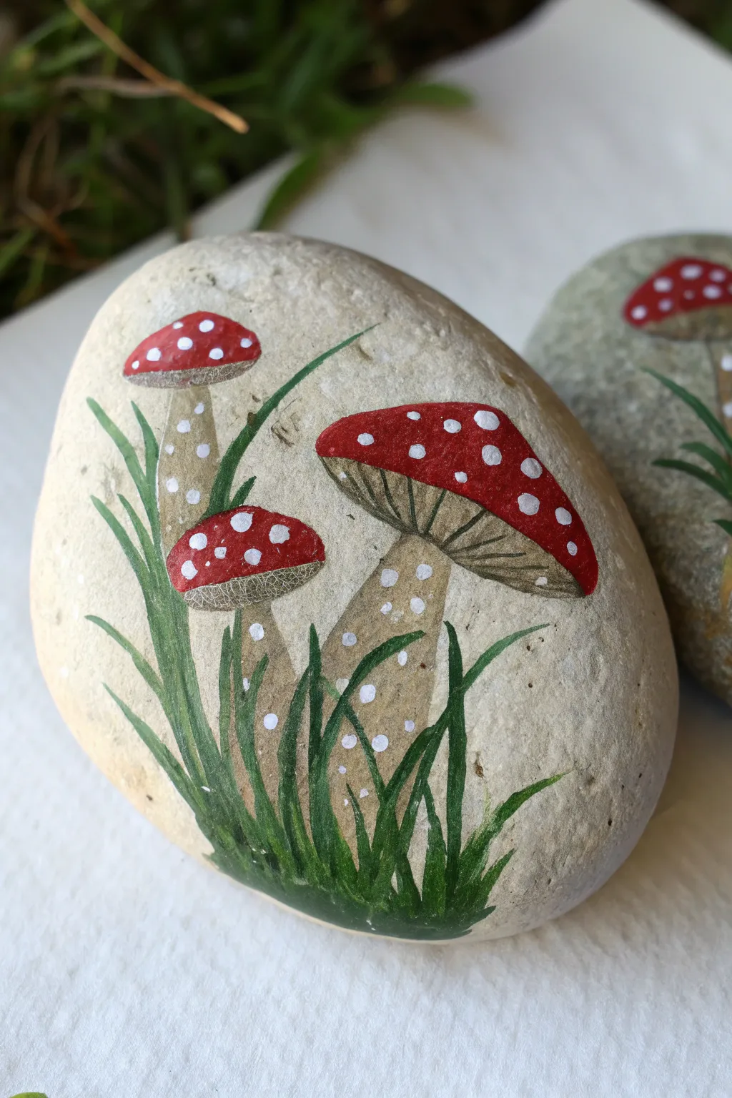 Mini mushroom patch rock painting in cozy spring colors, simple Scandinavian boho style