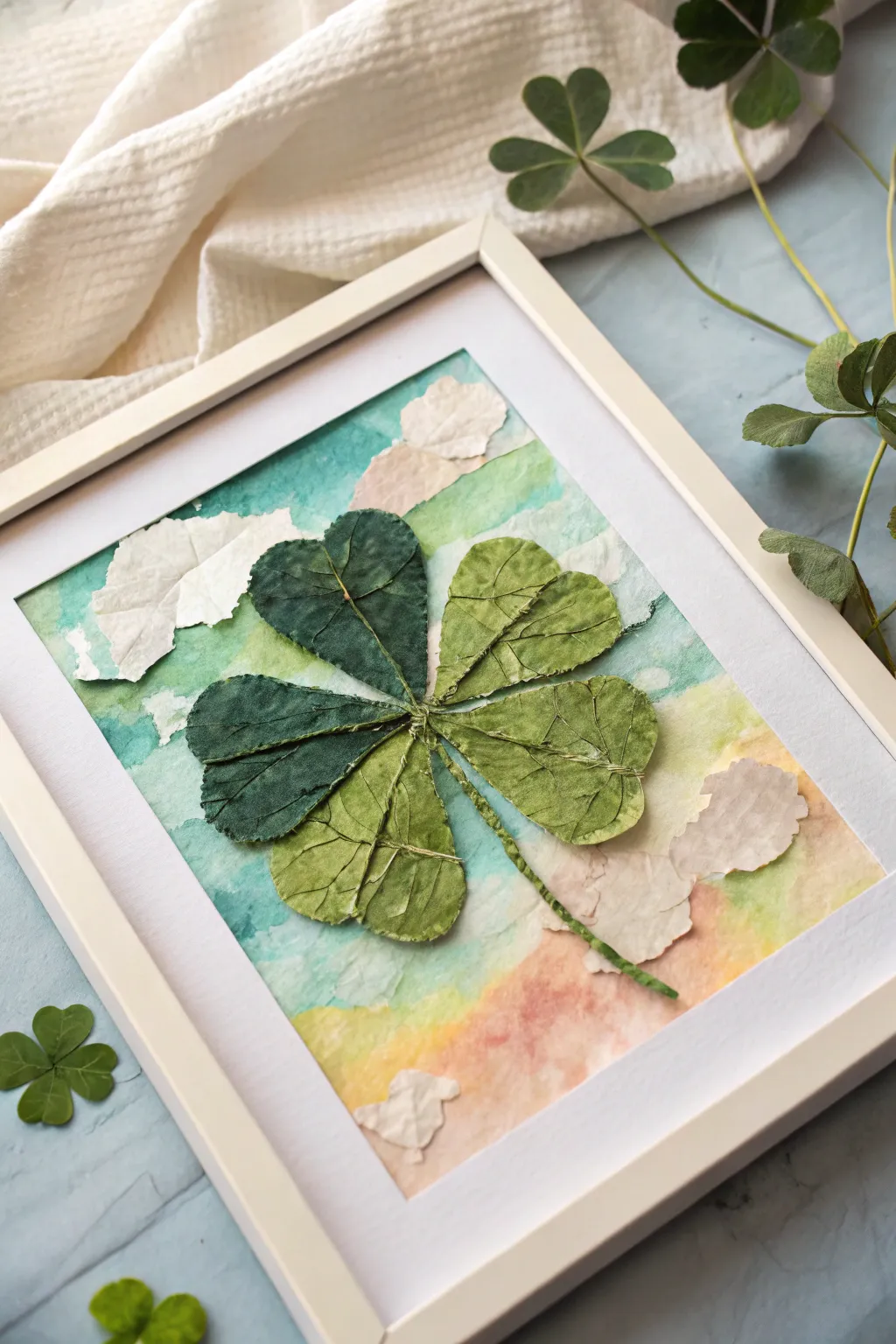 Torn tissue shamrock collage layered on a soft painted sky for an elegant St Patricks Day art idea
