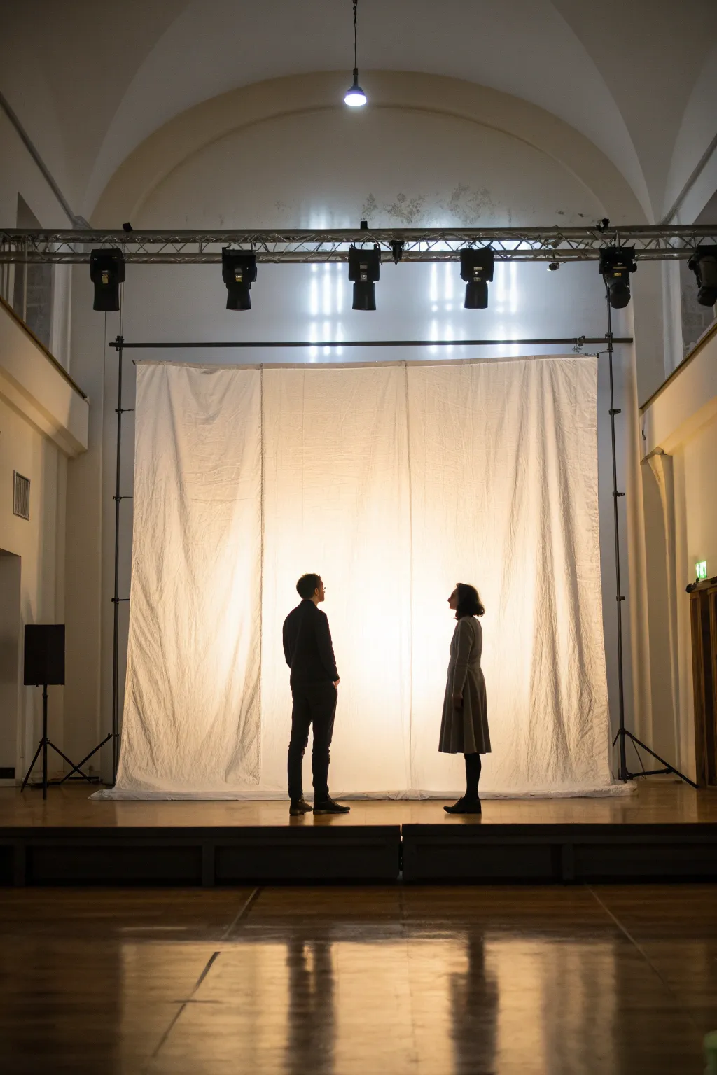 Backlit linen scrim creates crisp silhouettes with a clean, minimalist stage front.