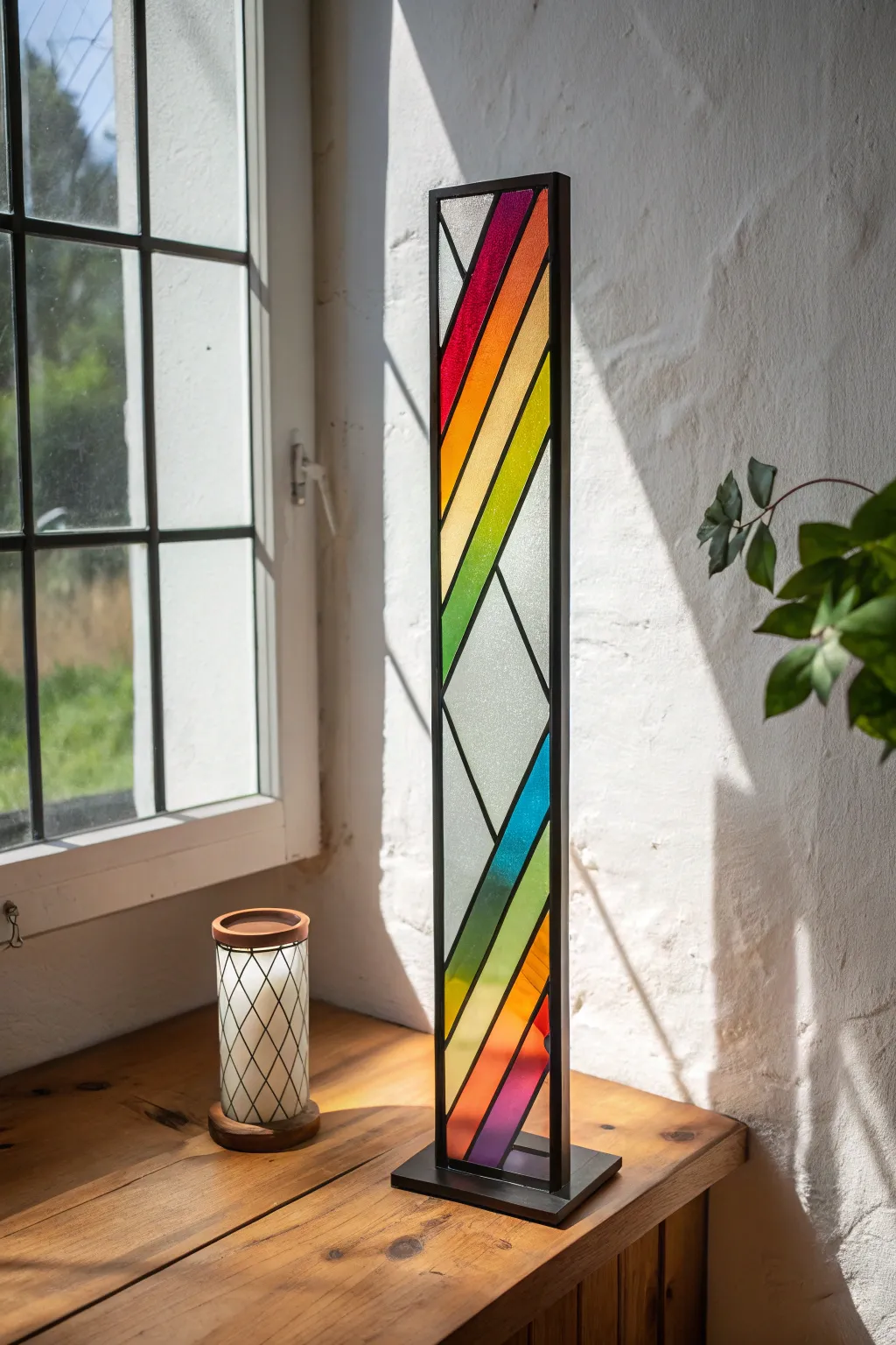 Rainbow prism stripes in stained glass, crisp black outlines, casting soft tinted shadows on a calm wall