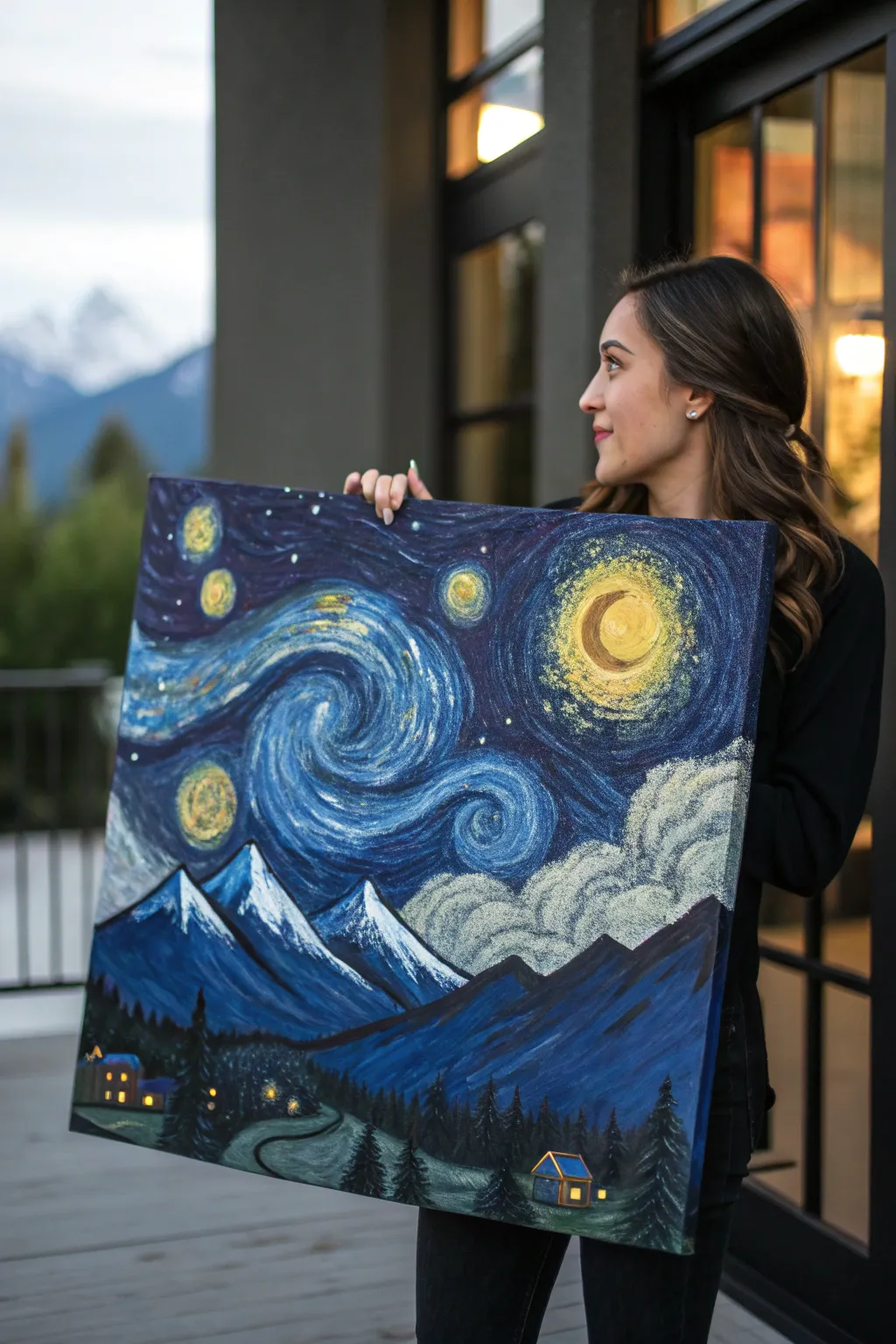 A minimalist mountain ridge beneath swirling deep-blue skies and glowing gold stars.