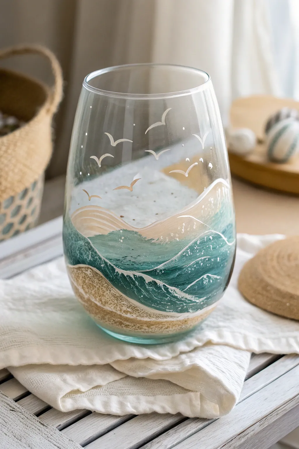 Paint a breezy stemless glass with layered waves and minimalist sail lines for coastal calm.