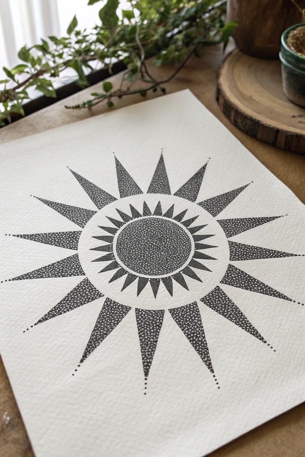 High-contrast stippled sun with rays that fade outward, minimal black ink on bright paper.
