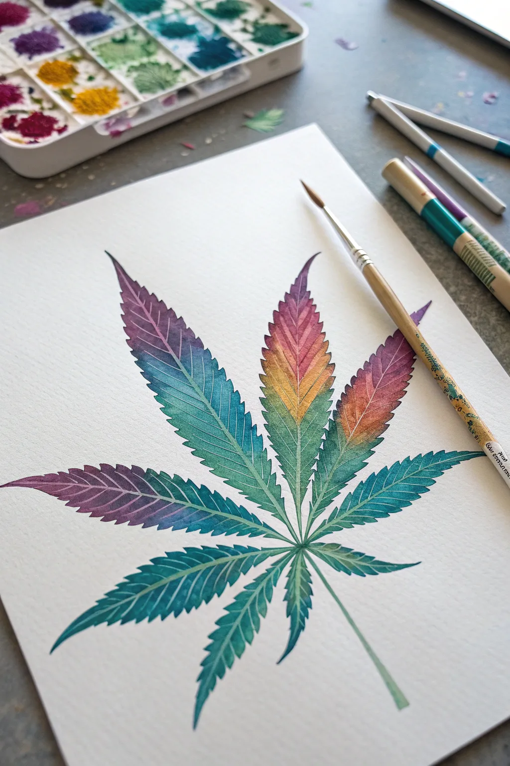 Cannabis bouquet in trippy gradients, minimalist boho vibes for dreamy stoner art