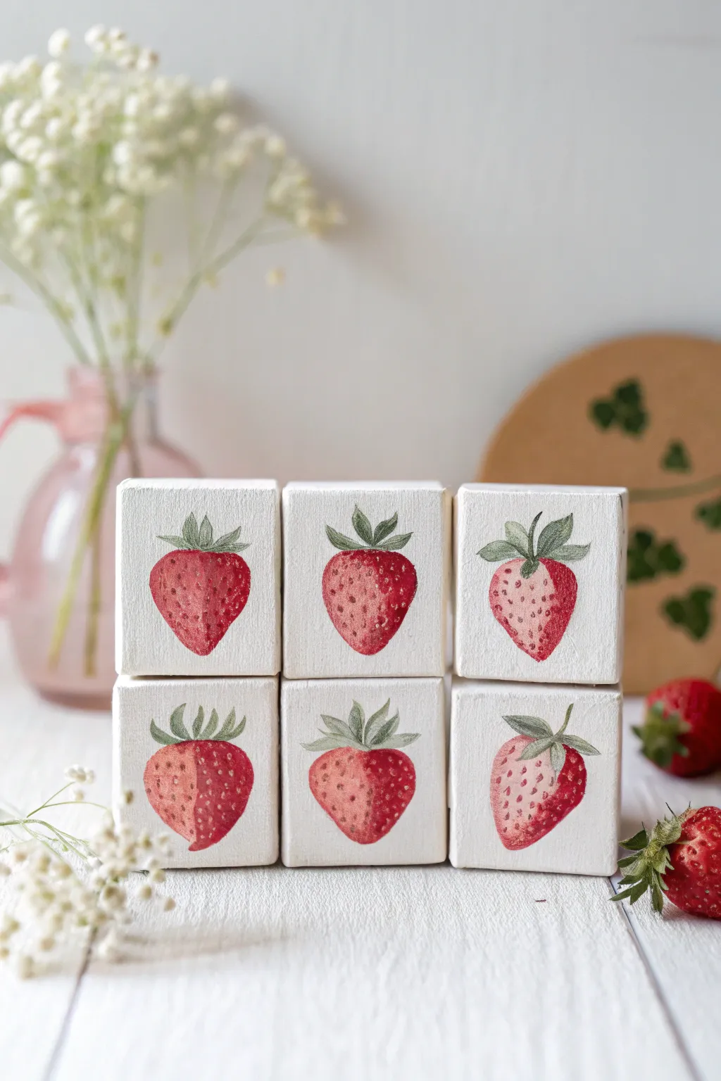 Mini canvas strawberry series: simple grid of tiny paintings, crisp contrast, cozy studio vibe