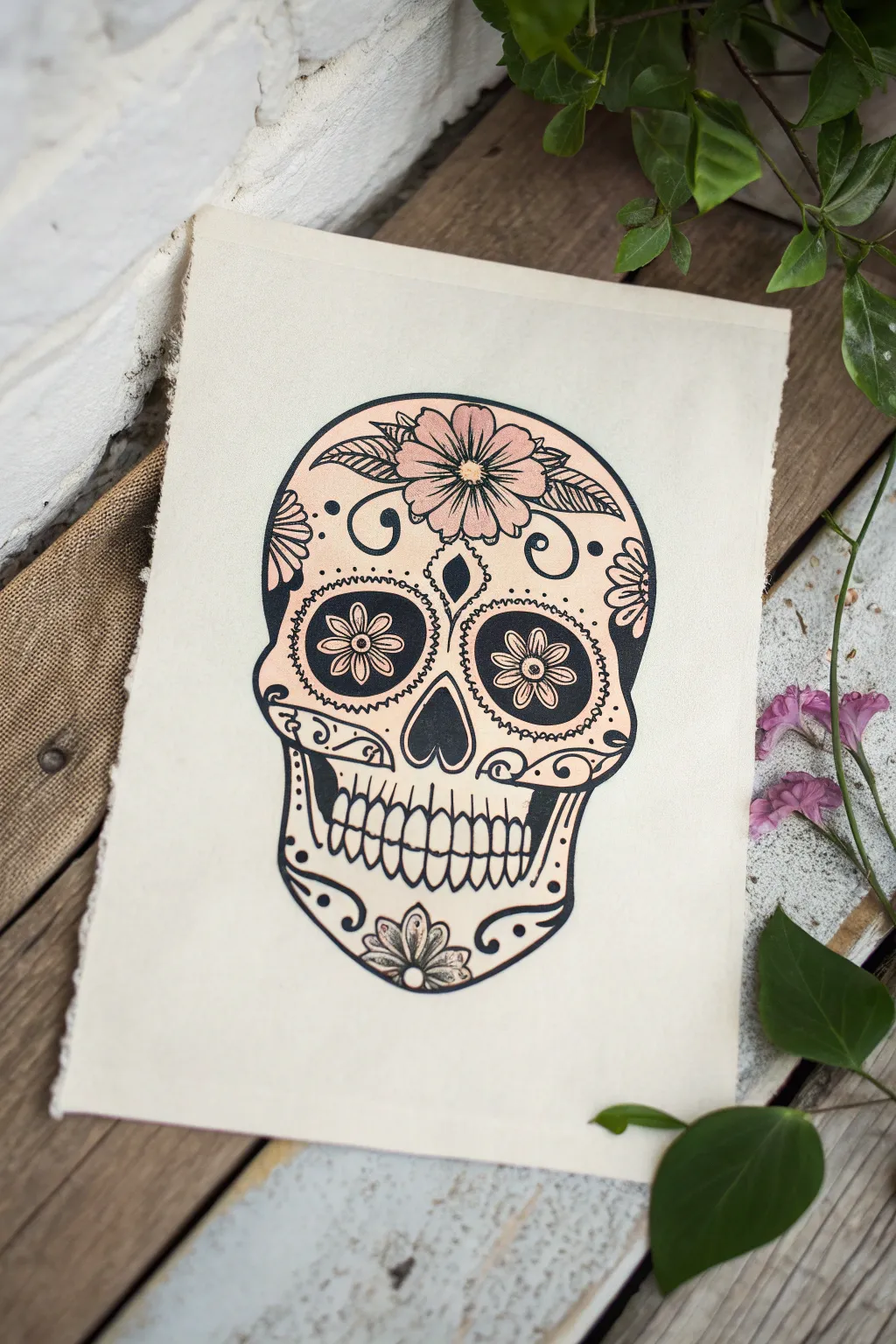 Lace-overlay sugar skull design with fine loops, soft neutrals, and clean Scandinavian minimalism