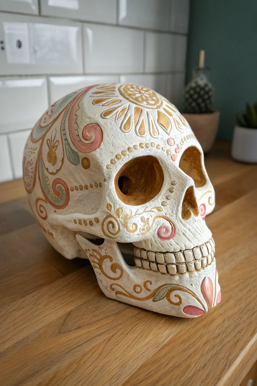 Minimalist boho sugar skull plaster painting with deep shadows and bright curved details