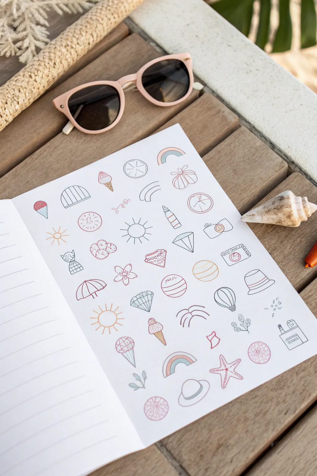 Summer sticker-sheet doodles: simple icons in soft pastels for an easy sunny sketch session