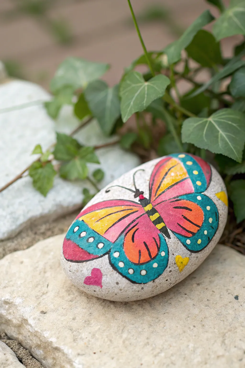 Vibrant butterfly-wing rock in hot summer hues, styled in fresh greenery with clean Nordic calm.