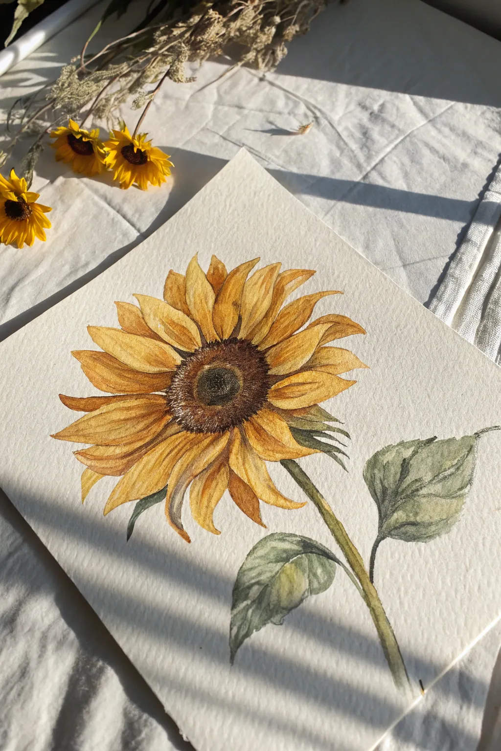 Paint a bold sunflower in strong summer light, with one dramatic shadow for instant contrast.