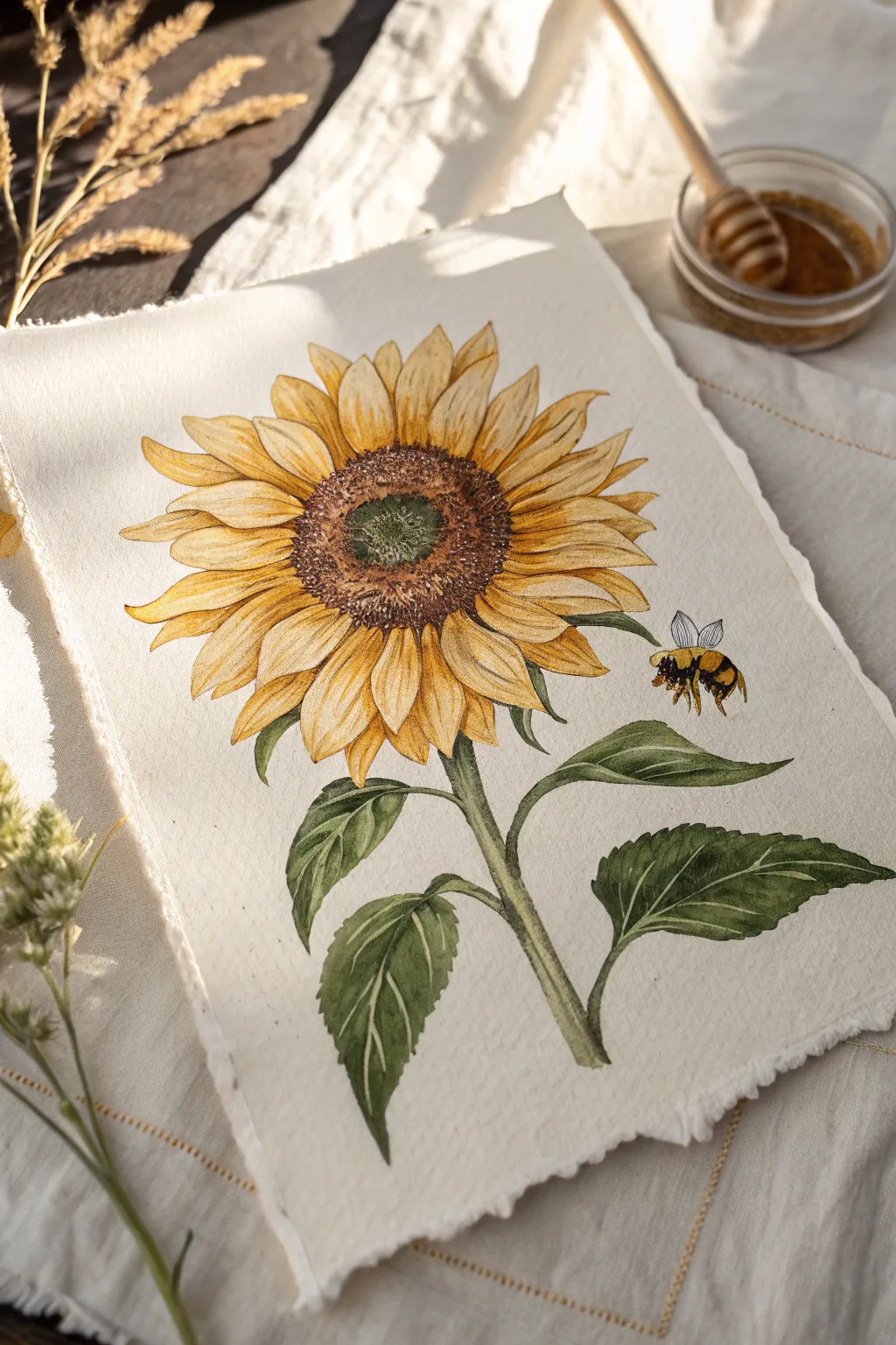Minimalist sunflower sketch with a tiny pollinator, perfect for serene Scandinavian boho art.