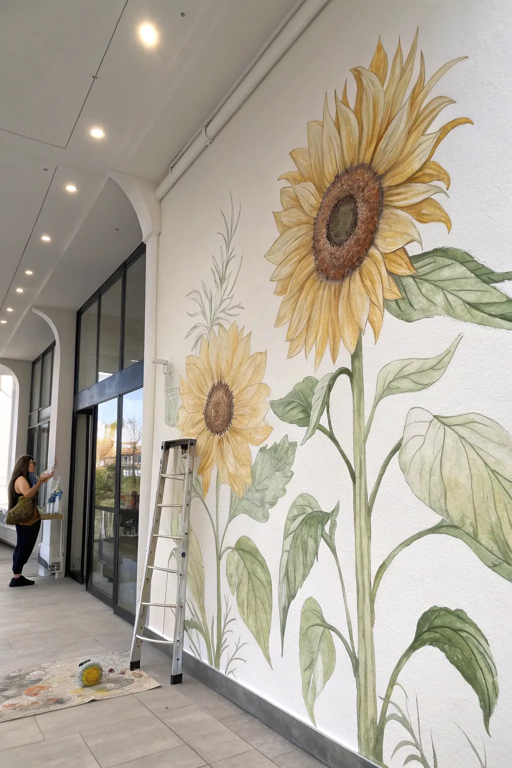 Airy watercolor-wash sunflower mural with soft blooms, bold contrast, and minimalist Nordic calm