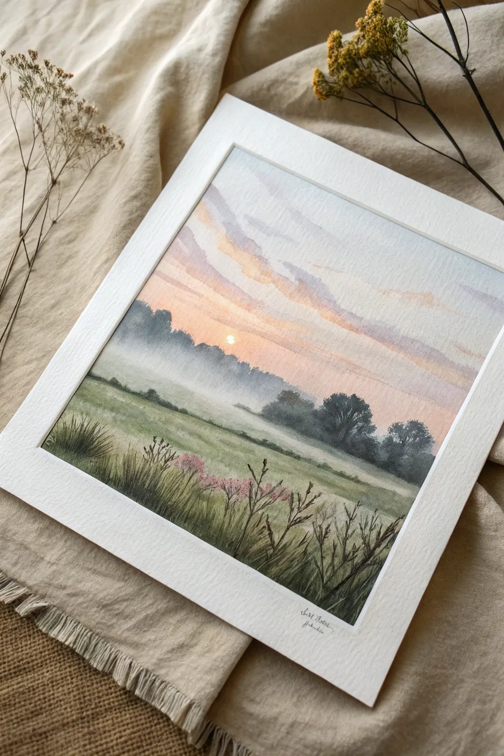 Paint a foggy meadow sunrise with soft beams, gentle pastels, and dreamy blurred edges.
