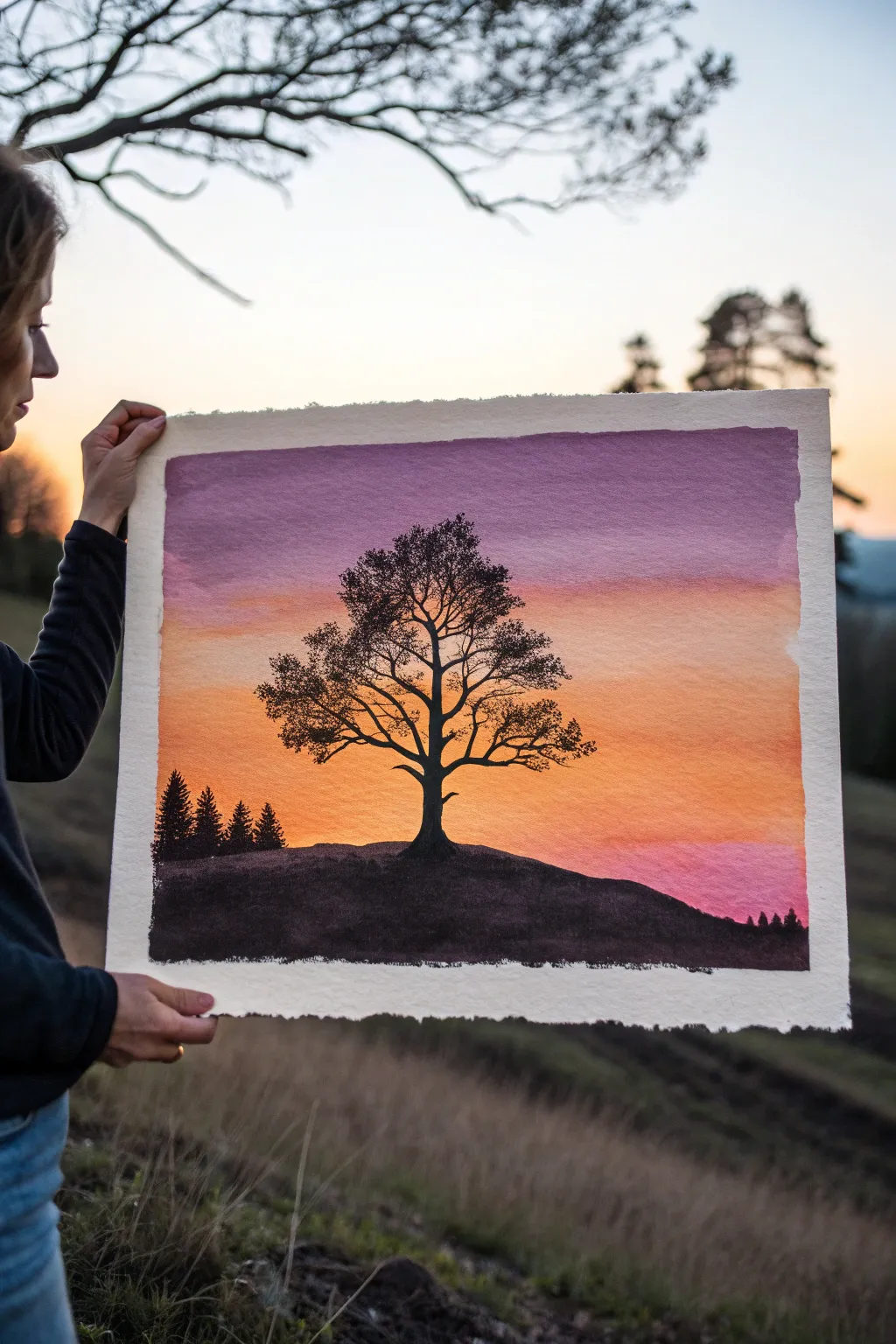 Minimal two-tone sunset with one sharp silhouette, an easy yet striking drawing idea.