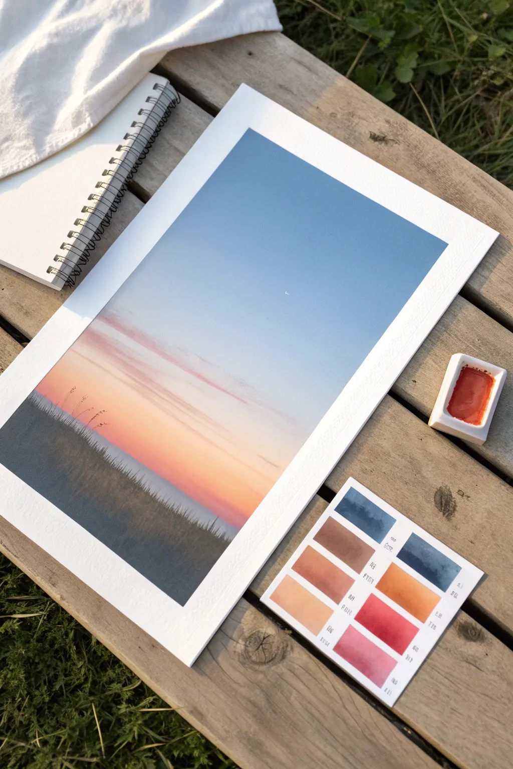 Three-color sunset gradient study with palette swatches, minimalist and soothing for practice.