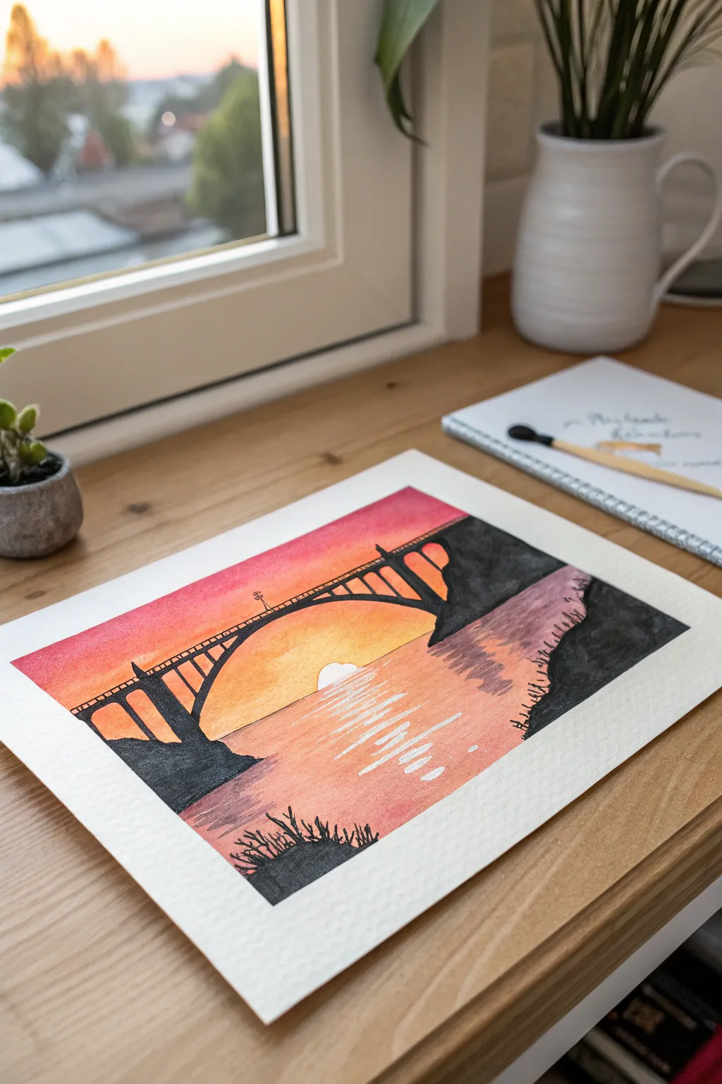 Black bridge arch silhouette framing a glowing sunset under the arch, calm minimalist painting idea