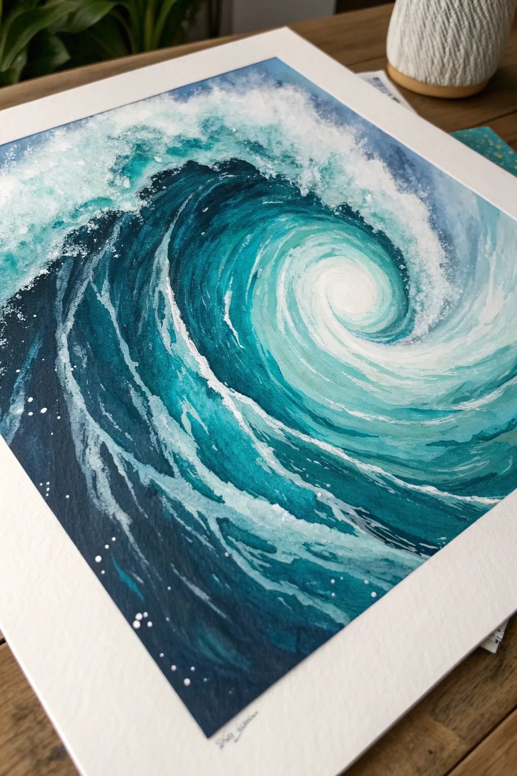 Ocean whirlpool swirl in teal and deep blue, spiraling into a soft foamy center