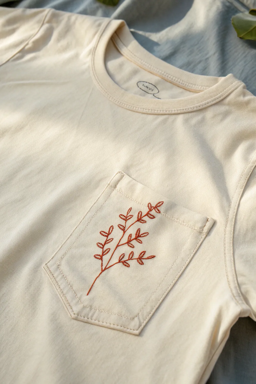 Minimal faux stitched pocket motif for chic t-shirt art, crisp lines and warm boho neutrals