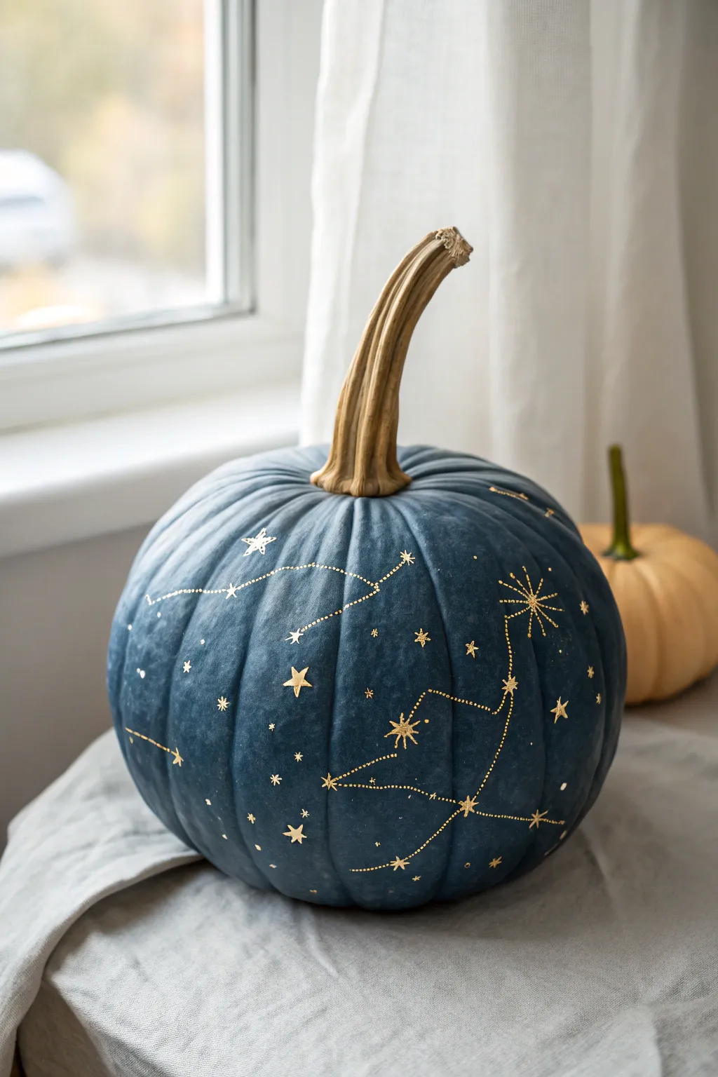 Deep navy tall pumpkin with climbing constellations, minimalist boho fall painting inspiration.