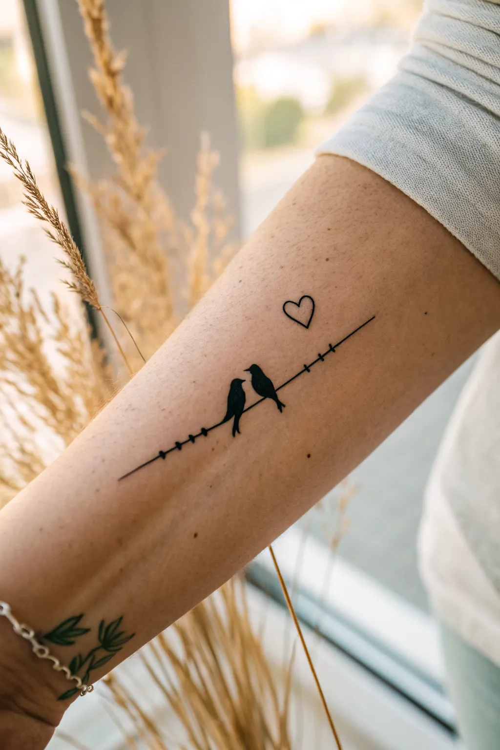 Minimal love birds tattoo: two tiny silhouettes with a delicate heart dot between them