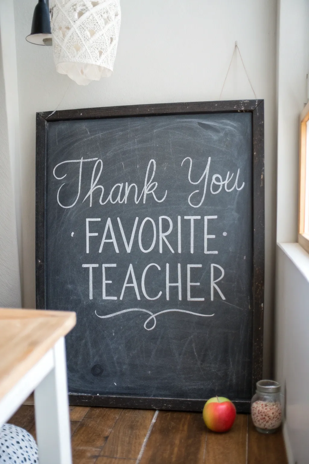 Minimal chalkboard thank-you quote with a tiny apple doodle, perfect teacher drawing inspiration
