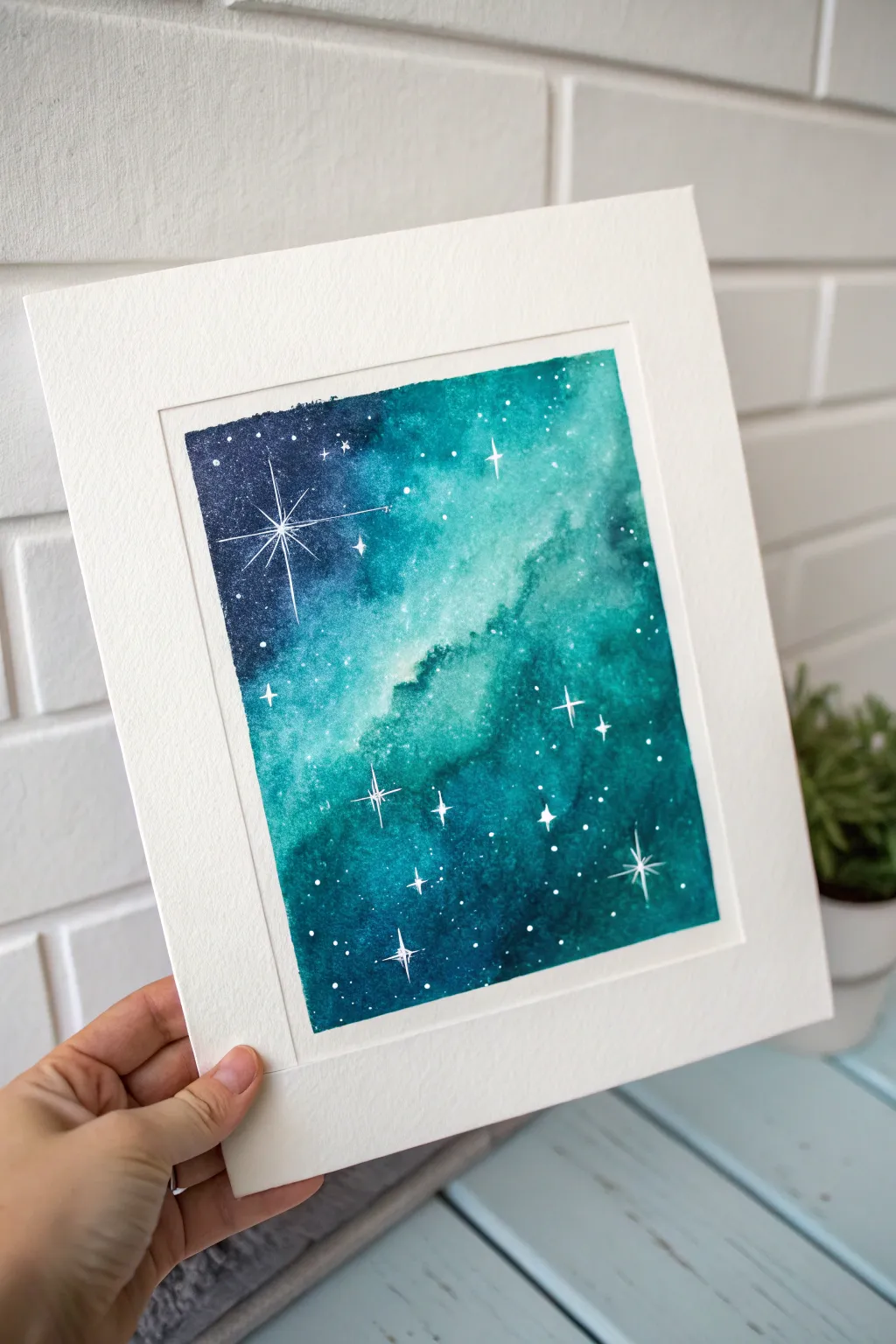 Teal galaxy nebula blend: deep corners, bright center and delicate star speckles for dreamy contrast.