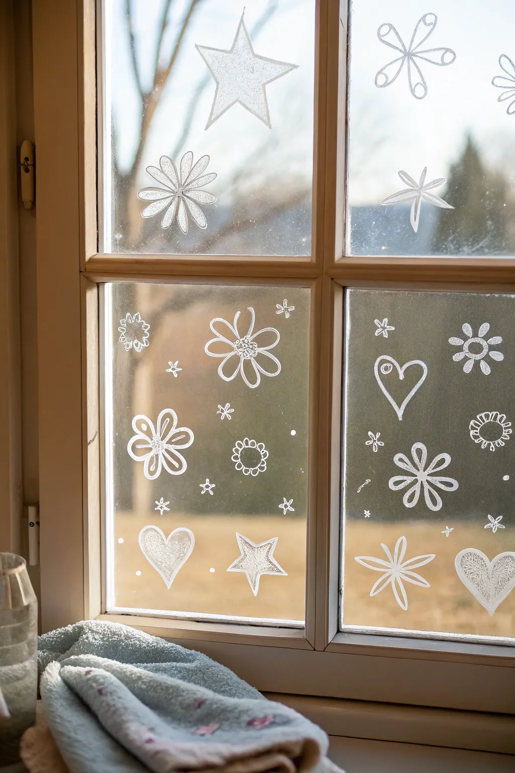 Tempera paint stick window doodles with sunlit contrast and a wiped-clean streak for easy cleanup
