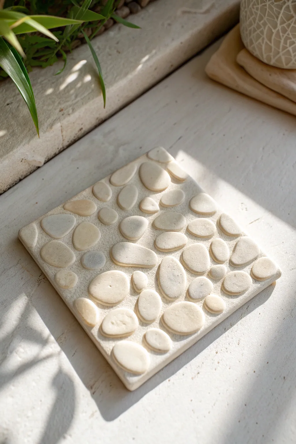 Pebble imprints in creamy plaster create an earthy, minimalist texture perfect for boho decor