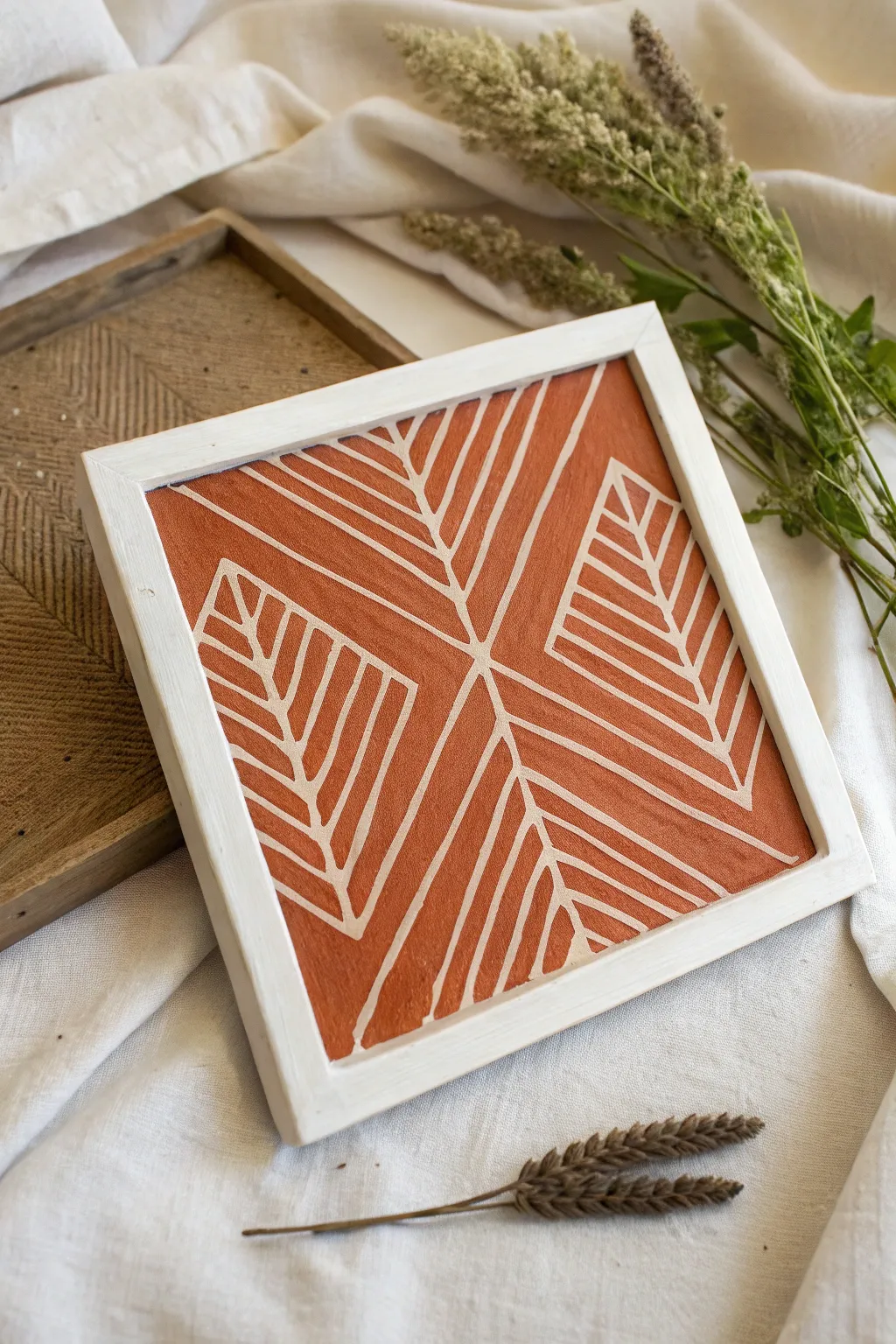 Bold sgraffito texture: scraped white acrylic reveals terracotta beneath in crisp, handmade lines