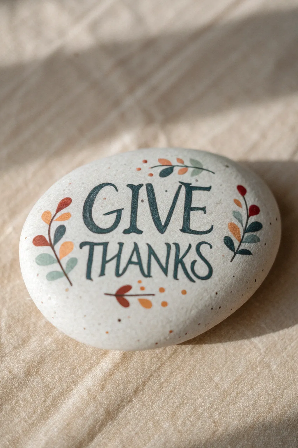 Minimalist Give Thanks hand-lettered painted rock with tiny leaves on a warm neutral linen backdrop