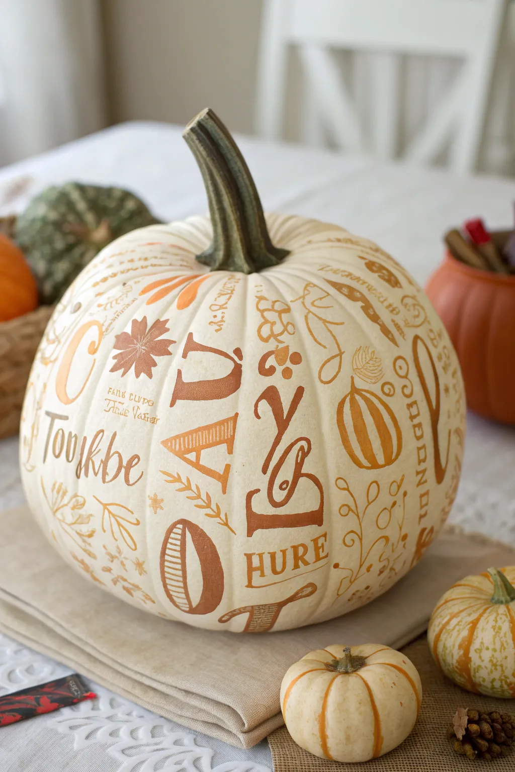 Minimalist pumpkin collage with layered stencil patterns in warm neutrals, styled with vintage books