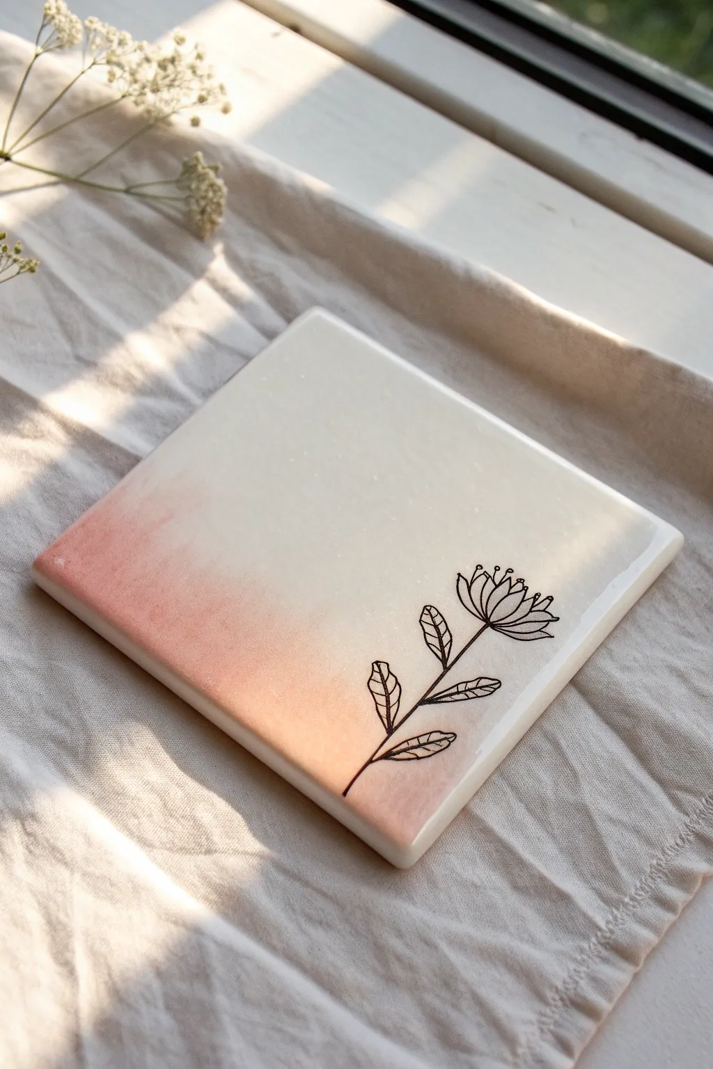 Soft ombre wash on a ceramic tile, finished with crisp linework for minimalist boho charm.