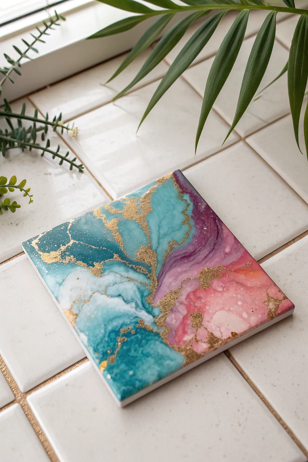 Marbled alcohol-ink tile inspiration with glossy blooms and minimalist boho studio vibes.