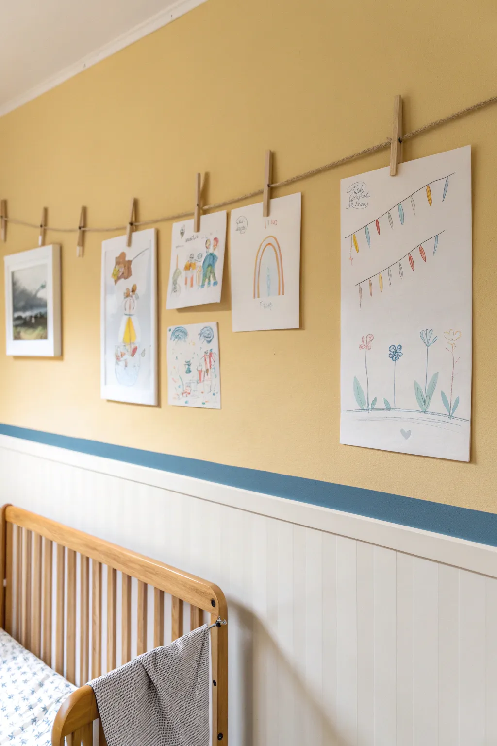 A contrasting paint strip turns toddler art into a rotating mini gallery at kid-height.
