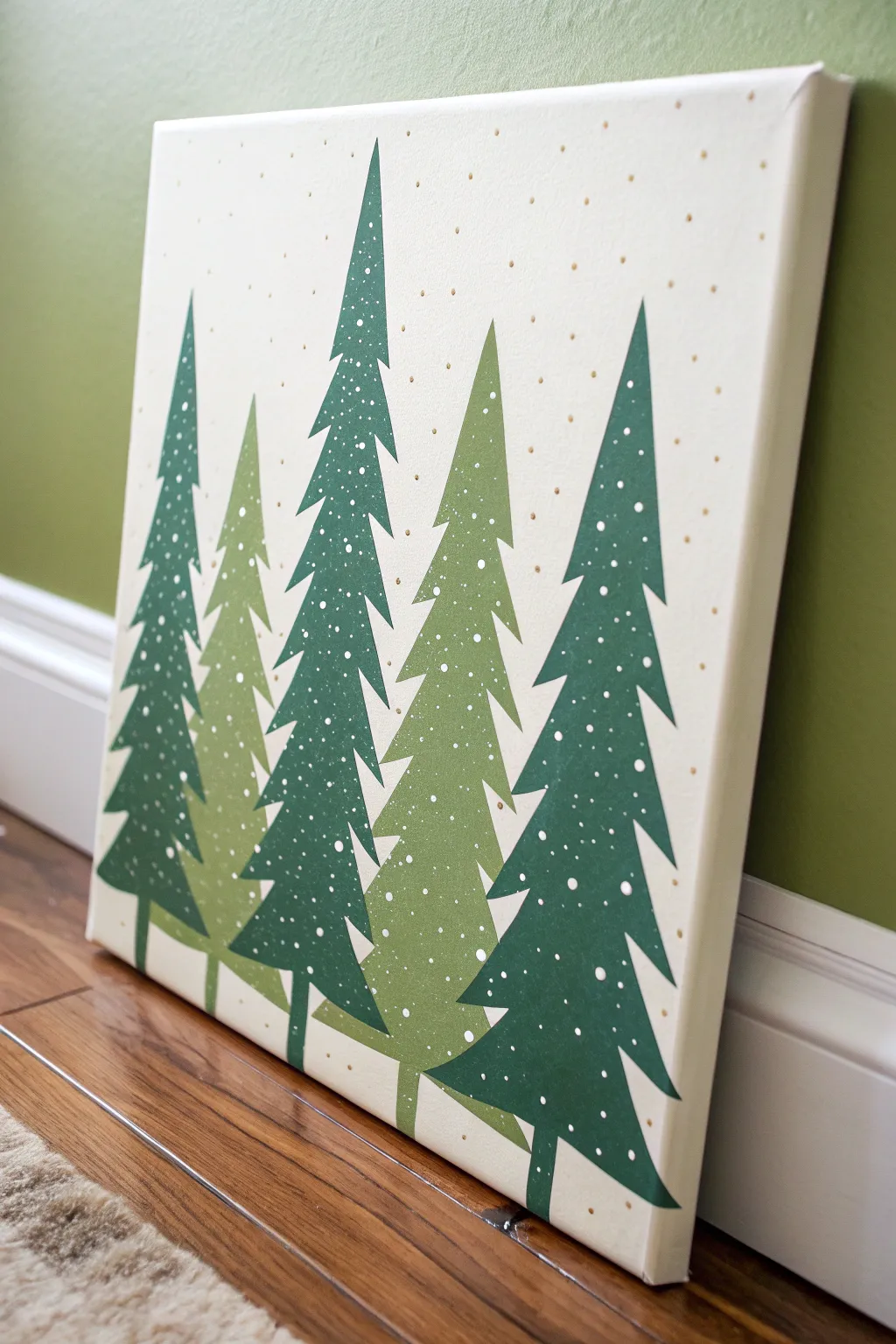 Easy squeegee-swipe evergreen forest canvas with snowy dots, perfect for toddler Christmas art