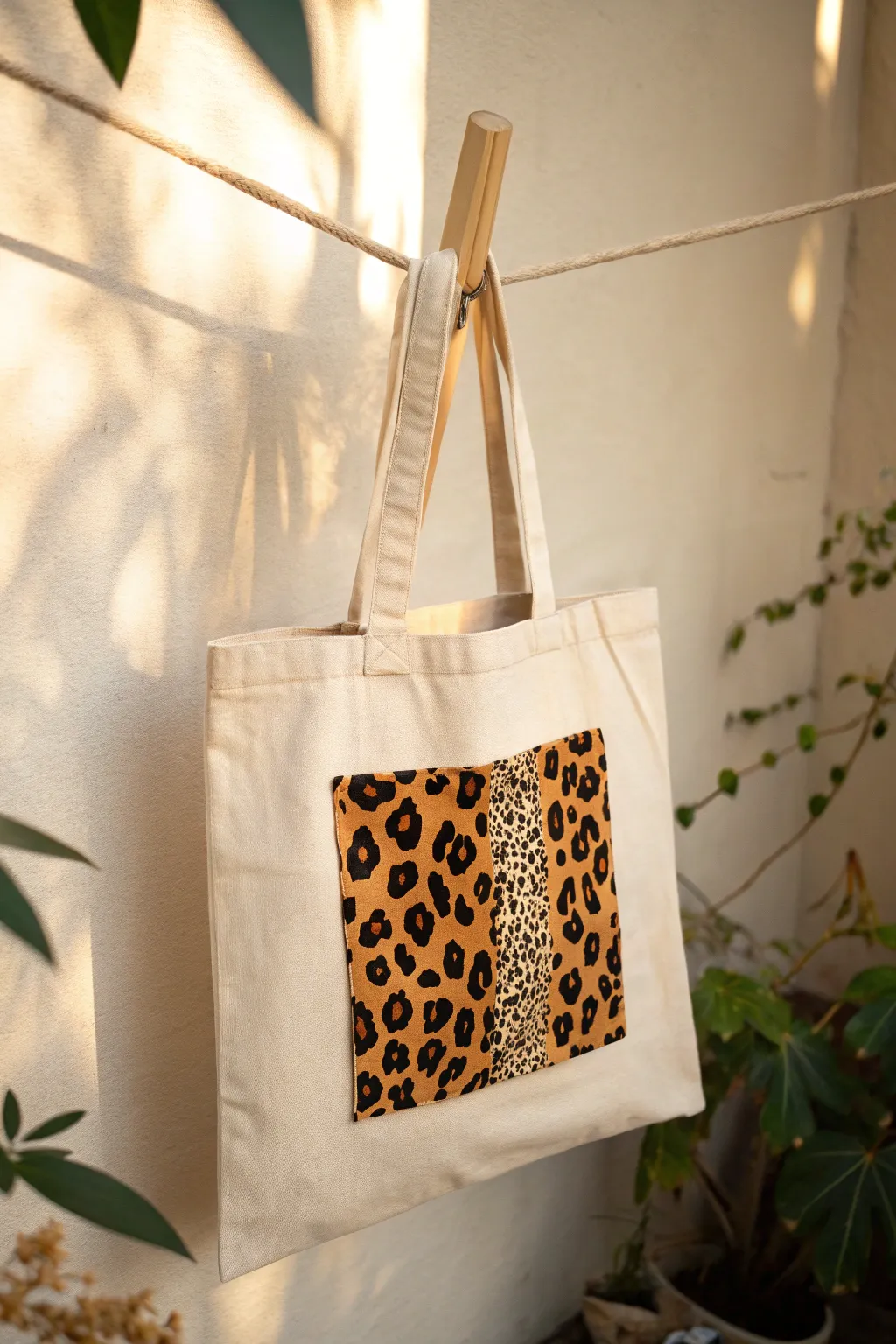Minimal tote with a bold hand-painted animal print patch for an effortless trendy look